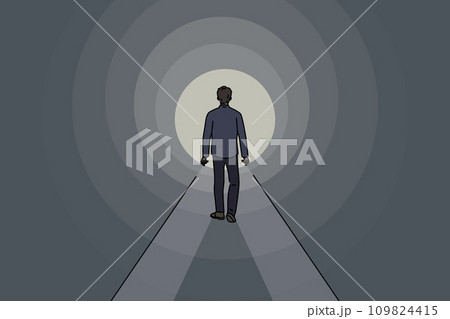 Man walks through tunnel towards exit, striving to achieve success and get out problematic situation Man walks through tunnel towards exit, striving to achieve success and get out problematic situation 109824415