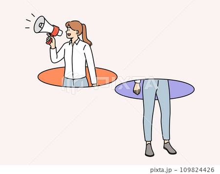 Woman with megaphone calls for visiting approaching sale by leaning out of hole. 109824426