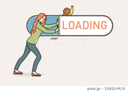 Woman suffers from slow internet and pushes loading bar with snail, needing to connect to 5G network 109824429