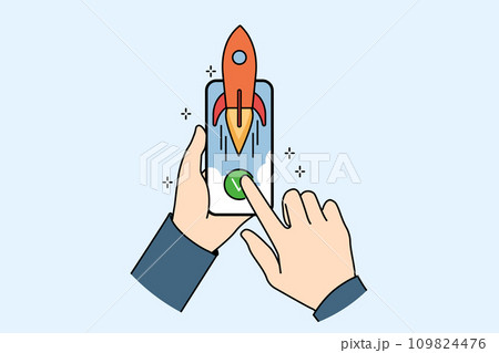 Hands and phone with rocket symbolizing fast internet and high-quality network for using mobile apps Hands and phone with rocket symbolizing fast internet and high-quality network for using mobile apps 109824476