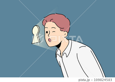 Curious business man looks through keyhole, wanting to find out corporate secrets competitors Curious business man looks through keyhole, wanting to find out corporate secrets competitors 109824583