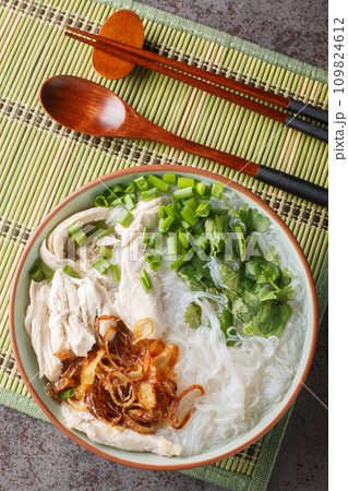 Vietnamese Chicken Soup with Glass Noodles Mien Ga closeup on the bowl. Vertical top view Vietnamese Chicken Soup with Glass Noodles Mien Ga closeup on the bowl. Vertical top view 109824612