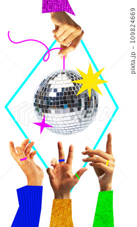 Poster. Contemporary art collage. One hand holds bright shiny discus thrower and rest of hands reach out to it, dancing merrily 109824669