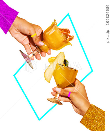 Poster. Contemporary art collage. Two unrecognizable people have fun at party and drink sweet and sour cocktails. Poster. Contemporary art collage. Two unrecognizable people have fun at party and drink sweet and sour cocktails. 109824686