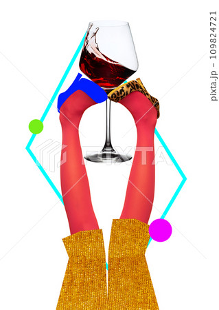 Poster. Contemporary art collage. female legs dressed in retro clothes and bright high heels holds glass of red wine. 109824721