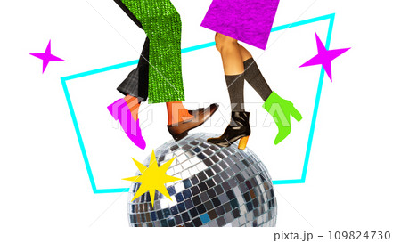 Poster. Contemporary art collage. Unrecognizable people dancing on shiny big disco ball against abstract designed background. 109824730