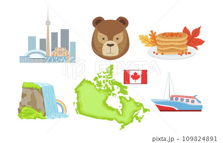 Canada Traditional Symbols and Attractions Set, Bear, Pancakes, Niagara Fall, Map, Ship Vector Illustration 109824891