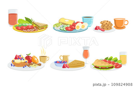 Healthy Breakfast Dishes Set, Classical Menu with Fryed Egg, Waffle, Pancakes, Cookies, Sandwich, Tako, Fruits, Vegetables and Berries Vector Illustration 109824908