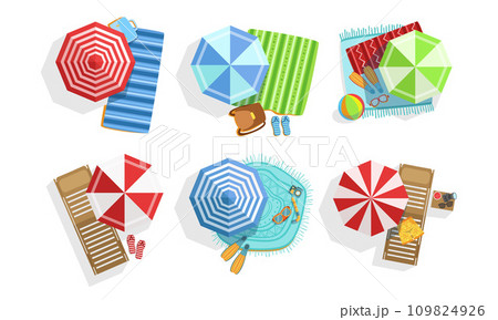 Collection of Umbrellas, Chaise Lounges and Towels, Summer Beach View From Above Vector Illustration 109824926