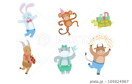 Collection of Cute Happy Animals for Happy Birthday Design, Bunny, Monkey, Turtle, Goat, Hippo, Bull, Vector Illustration Collection of Cute Happy Animals for Happy Birthday Design, Bunny, Monkey, Turtle, Goat, Hippo, Bull, Vector Illustration 109824967