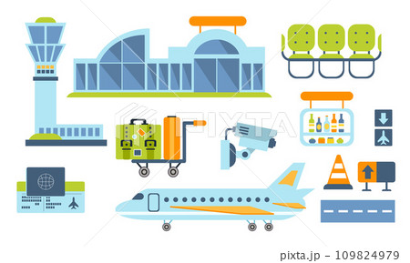 Airport Design Elements Set, Airport Terminal, Airplane, Waiting Room Vector Illustration 109824979