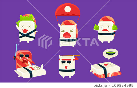 Sushi Cartoon Characters Set, Asian Food, Cute Rolls with Funny Faces in Different Situations and Various Emotions Vector Illustration 109824999