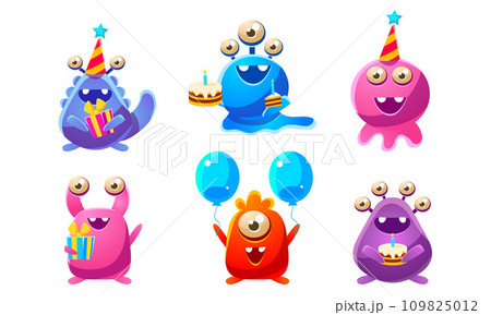 Collection of Cute Funny Colorful Monsters Cartoon Characters, Birthday Party Design, Happy Mutants Celebrating Party Vector Illustration 109825012