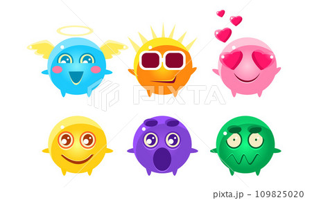 Colorful Glossy Balls Cartoon Characters Set, Cute Funny Fantastic Monsters with Various Emotions Vector Illustration 109825020