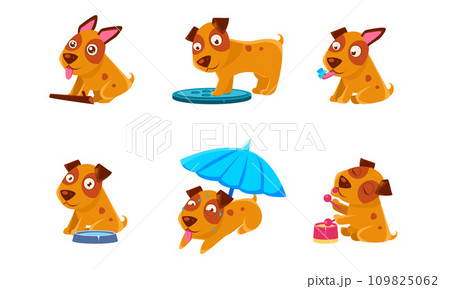 Cute Little Dog Cartoon Character Set, Adorable Brown Puppy in Different Situations Vector Illustration 109825062