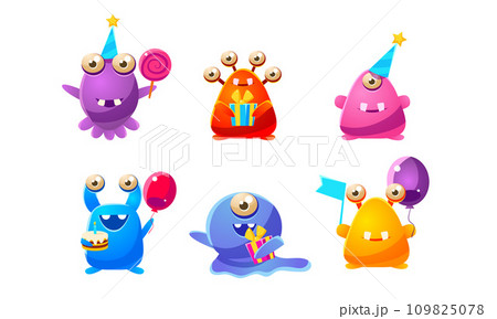 Collection of Cute Funny Colorful Monsters Cartoon Characters, Happy Mutants Celebrating Party Vector Illustration 109825078