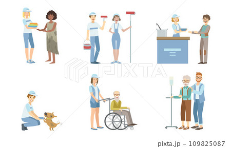 Volunteers at Work Set, Young Men and Women Helping Disabled Person and Homeless, Supporting Elderly People Vector Illustration 109825087