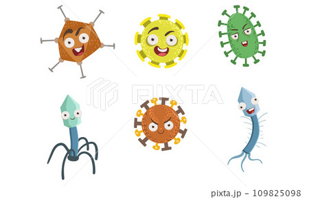 Collection of Cute Funny Microbes, Colorful Bacterias and Pathogens Characters With Various Emotions Vector Illustration 109825098