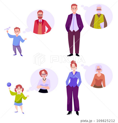 People of different age thinking about their future, flat vector illustration isolated on white background. 109825212