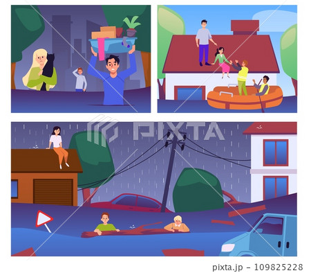 Flood victims trying to escape and waiting for help on flat vector illustration. 109825228