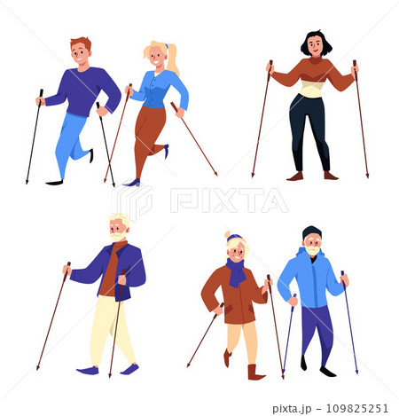 Active people performing nordic walking with sticks in nature, outdoor healthy sport lifestyle vector illustrations set 109825251