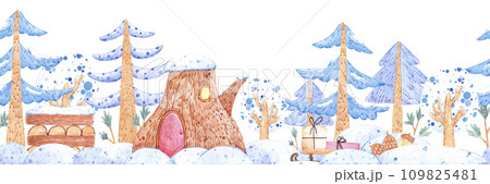 Hand drawn watercolor winter new year forest seamless border. Fairy illustration isolated on white background. Can be used for label, textile, and other printed products. 109825481