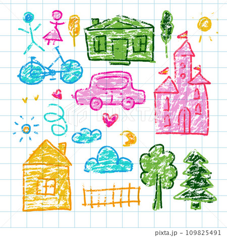 Children's drawings set. House, castle, tree, car and clouds. Color wax pencil vector illustration. Hand drawn funny scribble. Small kid's sketch Children's drawings set. House, castle, tree, car and clouds. Color wax pencil vector illustration. Hand drawn funny scribble. Small kid's sketch 109825491