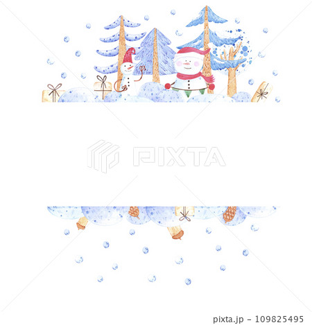 Hand drawn watercolor winter new year forest with snowmen border. Fairy illustration isolated on white background. Can be used for label, postcard, and other printed products. Hand drawn watercolor winter new year forest with snowmen border. Fairy illustration isolated on white background. Can be used for label, postcard, and other printed products. 109825495