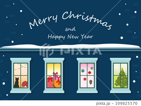 雪の降るクリスマスの夜の窓のイラスト 109825570