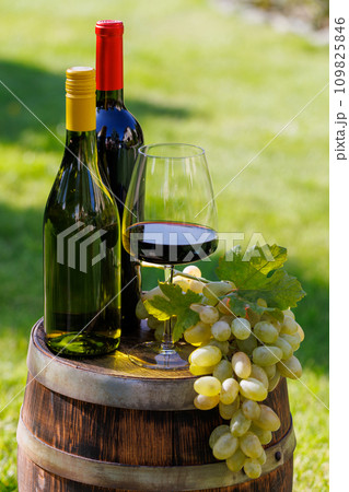 Wine bottles and grape on barrel Wine bottles and grape on barrel 109825846