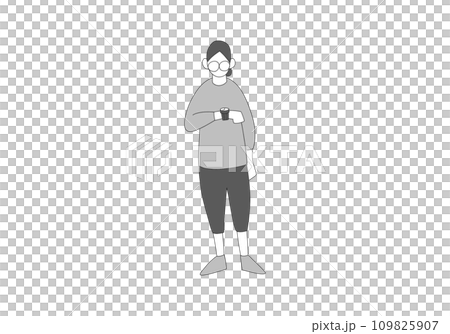 一個髮髻頭髮的男人看著時鐘，簡單的線條畫插圖，灰色 109825907