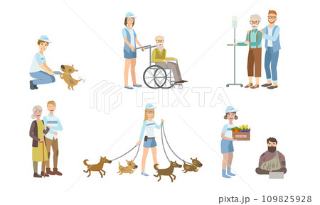Volunteers at Work Set, Young Men and Women Walking Dog, Helping Disabled Person and Homeless, Supporting Elderly People Vector Illustration Volunteers at Work Set, Young Men and Women Walking Dog, Helping Disabled Person and Homeless, Supporting Elderly People Vector Illustration 109825928