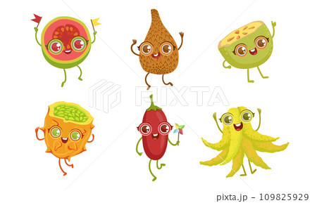 Funny Tropical Fruit Characters Set, Guava, Snake Fruit, Sarambola, Kiwano, Tamarillo Vector Illustration Funny Tropical Fruit Characters Set, Guava, Snake Fruit, Sarambola, Kiwano, Tamarillo Vector Illustration 109825929