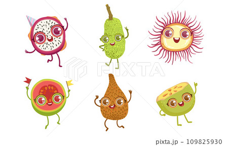 Funny Tropical Fruit Characters Set, Dragon, Snake Fruit, Guava, Rambutan Vector Illustration 109825930