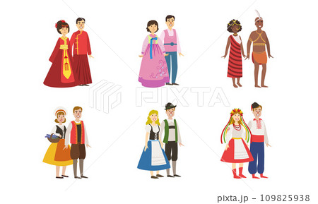 Men and Women Dressed Folk Costumes of Various Countries Set, Denmark, Ukraine, Finland, China, Korea, Ethiopia Vector Illustration 109825938