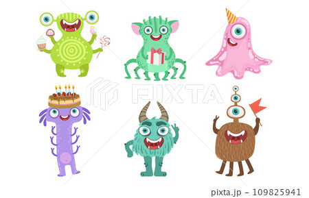 Cute Happy Monsters Set, Funny Friendly Cartoon Mutant Characters, Childish Birthday Party Design Elements Vector Illustration 109825941