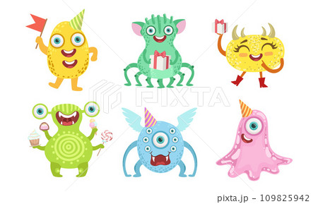 Cute Happy Monsters Set, Funny Friendly Colorful Mutant Characters, Childish Birthday Party Design Elements Vector Illustration 109825942