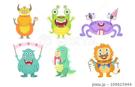 Cute Colorful Happy Monsters Set, Funny Friendly Mutant Characters, Birthday Party Design Elements Vector Illustration 109825944