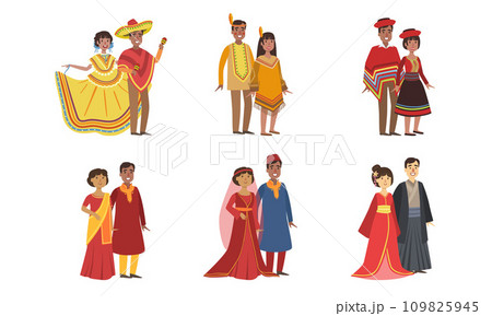 Men and Women Dressed Folk Costumes of Various Countries Set, Peru, Ameican Indian, Mexico, India, China, Japan, Vector Illustration 109825945