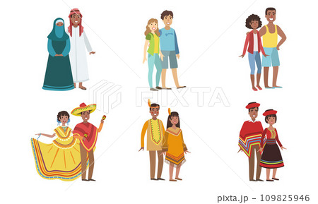 Men and Women Dressed Folk Costumes of Various Countries Set, Peru, Ameican Indian, USA, Mexico, UAE Vector Illustration 109825946