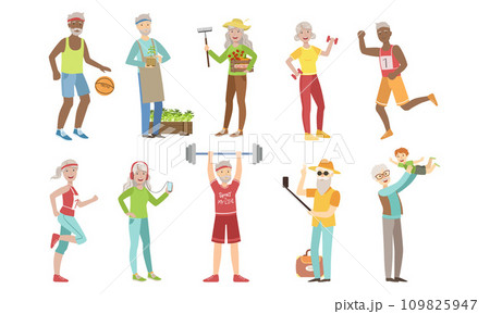 Senior People Different Activities and Hobbies Set, Healthy and Active Lifestyle of Cheerful Elderly Men and Woman Vector Illustration 109825947