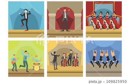 Actors Performing on Stage Set, Music Concert with Singers, Musicians and Dancers, Theatrical Stage Interior Vector Illustration Actors Performing on Stage Set, Music Concert with Singers, Musicians and Dancers, Theatrical Stage Interior Vector Illustration 109825950