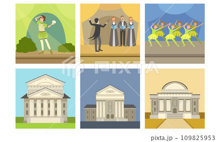Opera or Theater Building Facade Set, Actors Performing on Stage, Concert, Opera, Singer Musicians and Conductor Vector Illustration Opera or Theater Building Facade Set, Actors Performing on Stage, Concert, Opera, Singer Musicians and Conductor Vector Illustration 109825953