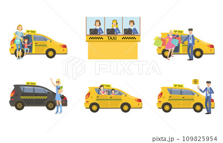Taxi Service Set, Taxi Driver in Yellow Car and Passengers, Customers Catching Cab, Call Operator Support Service Vector Illustration Taxi Service Set, Taxi Driver in Yellow Car and Passengers, Customers Catching Cab, Call Operator Support Service Vector Illustration 109825954