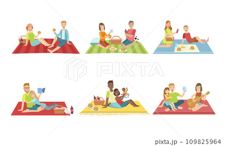 Happy Families Having Picnic In Park Set, People Sitting On Plaids, Eating and Relaxing, Couples and Kids Spending Time Together Vector Illustration Happy Families Having Picnic In Park Set, People Sitting On Plaids, Eating and Relaxing, Couples and Kids Spending Time Together Vector Illustration 109825964