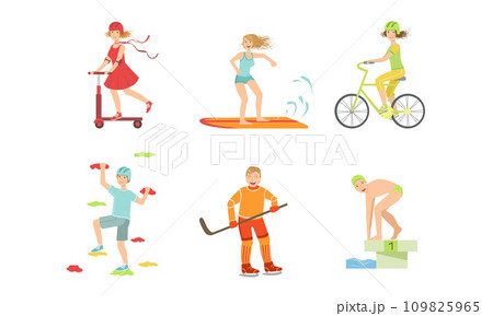 People Doing Different Kinds of Sports Set, Surfboarder, Cyclist, Climber, Hockey Player, Swimmer, Girl Riding Kick Scooter Vector Illustration 109825965