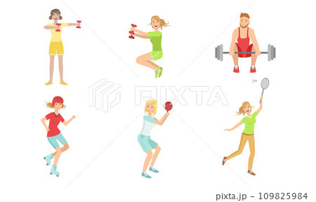 People Doing Different Kinds of Sports Set, Sportive Men and Women Exercising with Dumbbells and Barbell, Playing Table Tennis and Badminton Vector Illustration 109825984