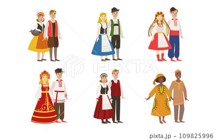 Men and Women Dressed Folk Costumes of Various Countries Set, Denmark, Ukraine, Russia, Germany, Finland, Nigeria Vector Illustration 109825996