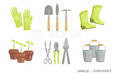 Garden Tools Set, Gardening Equipment, Flower Pot, Scissors, Pruner, Rubber Boots, Gloves Vector Illustration 109826003