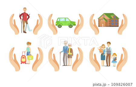 Insurance Services Set, Different Types of Insurances, Health, Car, Home, Travel, Old Age, Family Vector Illustration 109826007